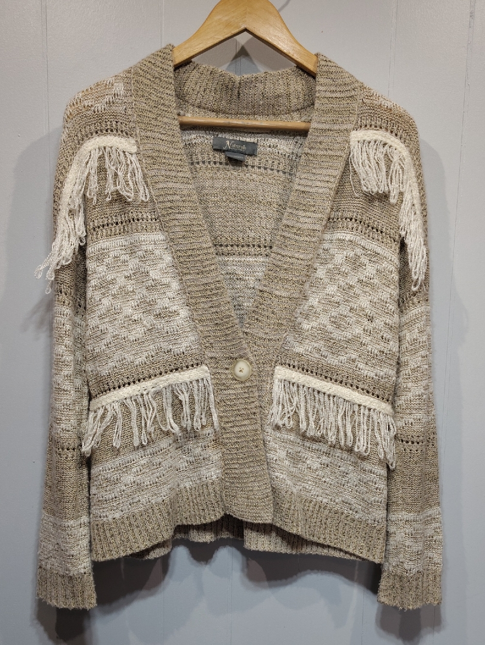 Natural Reflections Cowgirl Fringe Knit Cardigan Sweater S Beige Cream Western